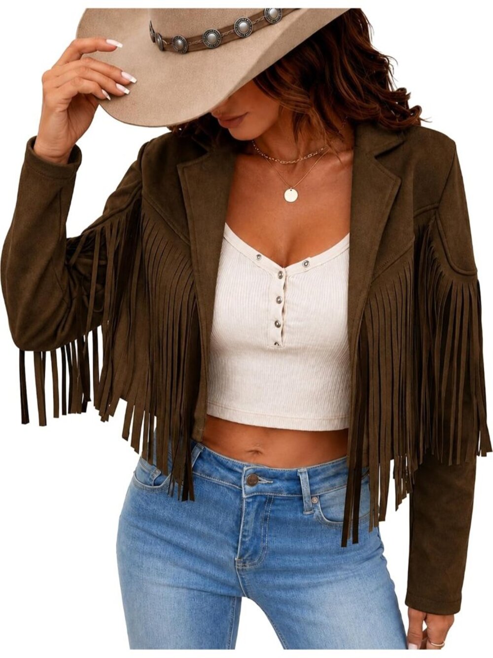 Women's Dark Brown Suede Leather Tassel Jackets With Lining Cropped Fringe Coats